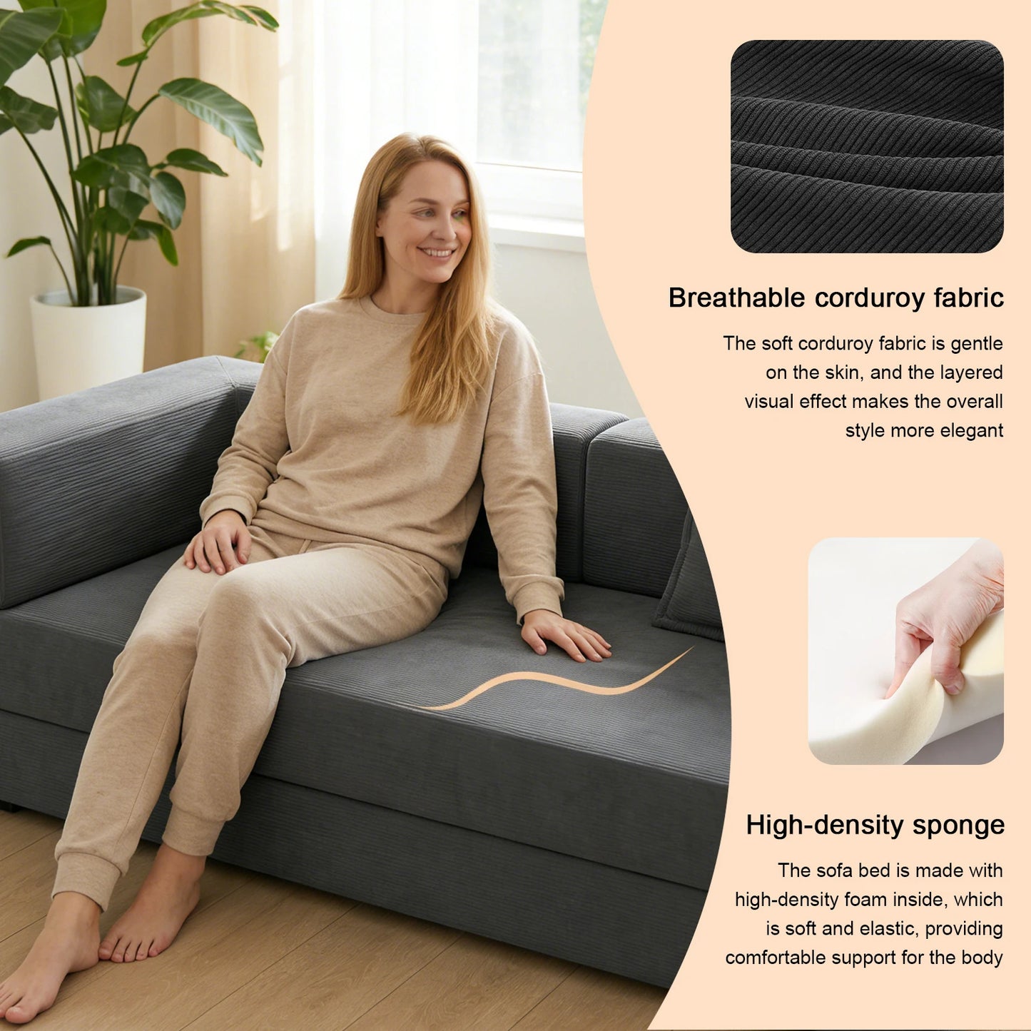 78.7" Convertible Sleeper Sofa Bed, Modular Corduroy Foldable Futon Loveseat, Compression in Box with Fixed Frame, Removable Armrests & Backrest, No Tool Assembly for Living Room Bedroom