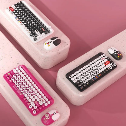 Mickey Bluetooth Wireless Keyboard and Mouse Set 84 Keys Cartoon Round Keycaps Mini Keyboard for Laptop Compute Gaming Office