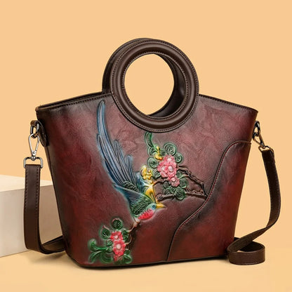 2026 New Handmade Painting Vintage Bucket Bag for Women Genuine Leather Textured Top Handle Shoulder Crossbody Handbag Purse