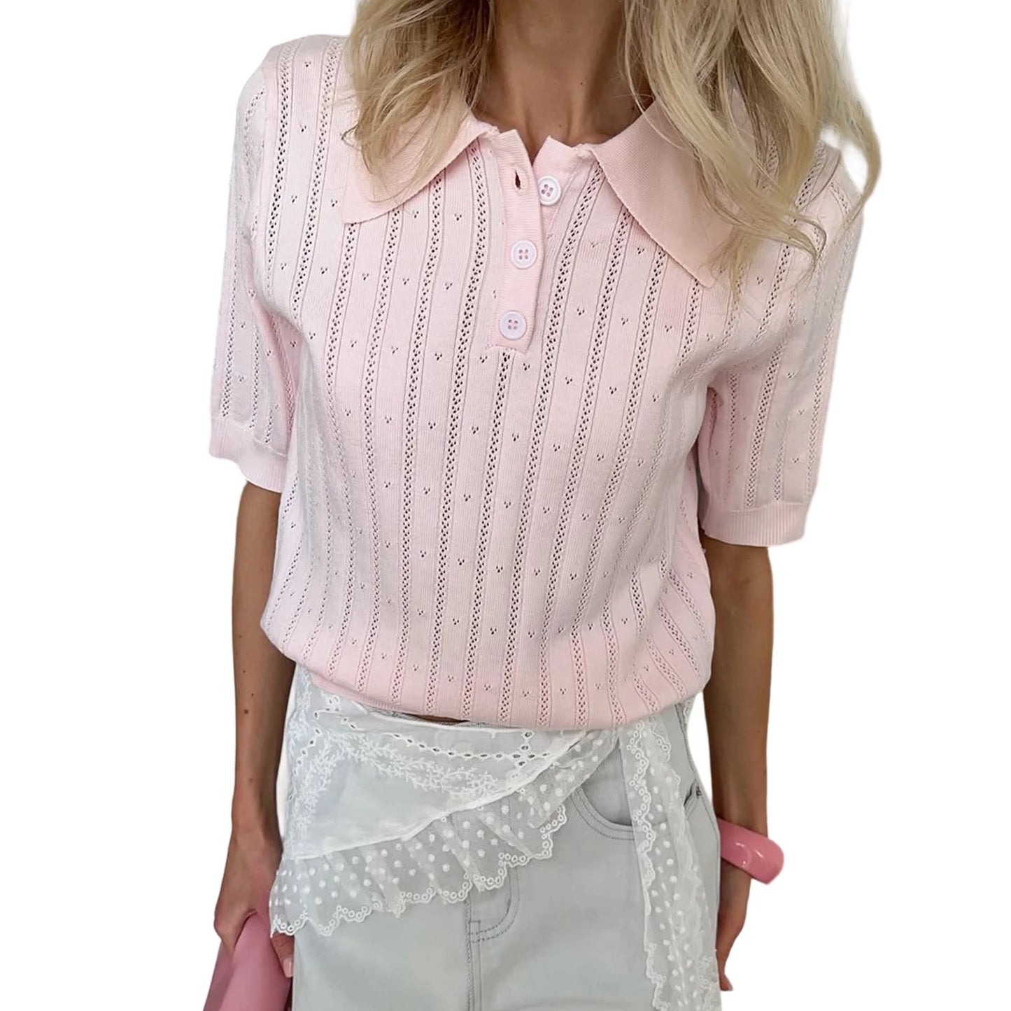 Elegant Women's Summer Hollow Out Knit Tops Short Sleeve Turn Down Collar Solid Color Cutout T-shirt