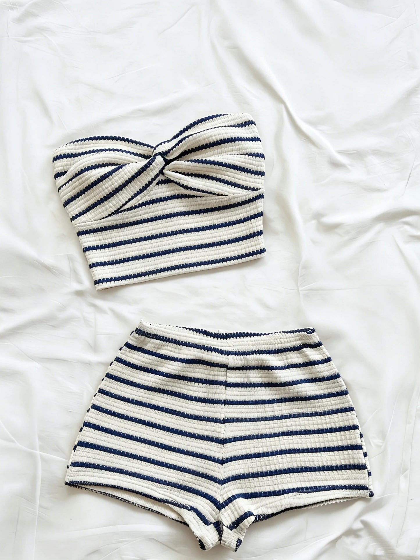 Striped Knit 2-Piece Set, Twist-Front Bandeau Top + Shorts