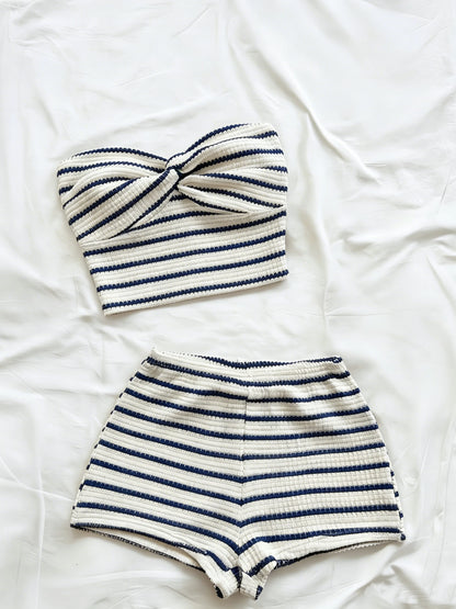 Striped Knit 2-Piece Set, Twist-Front Bandeau Top + Shorts