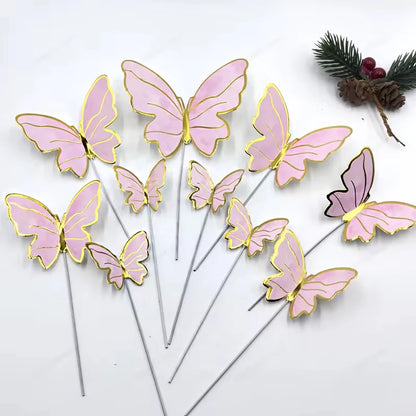 DIY Stamping Gold Pink Butterfly Cake Toppers Happy Birthday Cake Decoration Wedding Party Decor Shower Dessert Baking Supplies