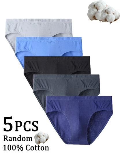 5Pcs Random Color Men's 100% Cotton Breathable Briefs Comfortable Male Underwear Lingerie Sexy Elastic Panties Underpants