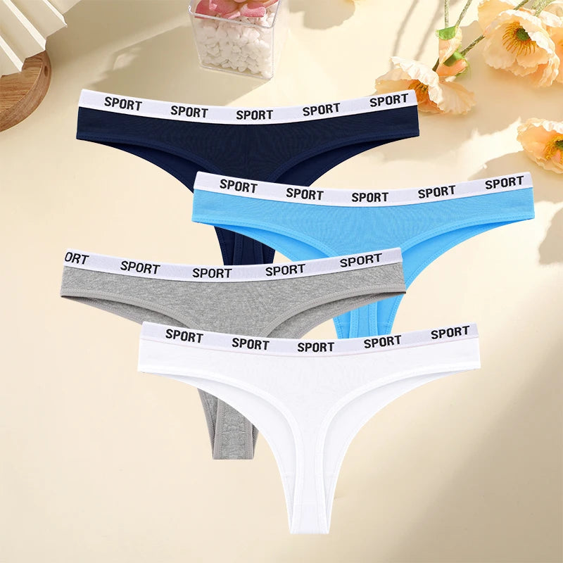 FINETOO 4PCS/Set Women Sexy Cotton Thongs For Women Sport Brand String Underwear Female Soft Coton Tangas Woman Thong Tanga