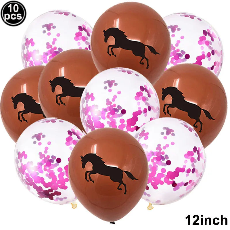 10pcs Horse Balloons Set Party Decor Confetti Sequin Balloons Foil Latex Party Balloons Kid Aldult Cowboy Cowgirl Birthday Party