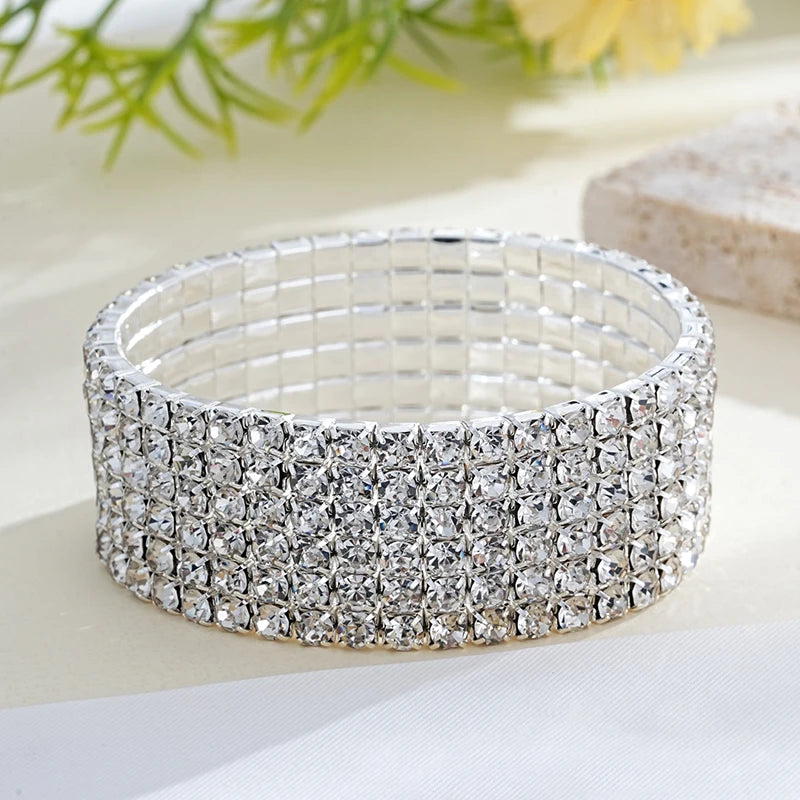 Classic Multiple Shining Rhinestone Crystal Stretch For Women Girls Bridal Wedding Wristband Elastic Bracelet Gold Silver Color