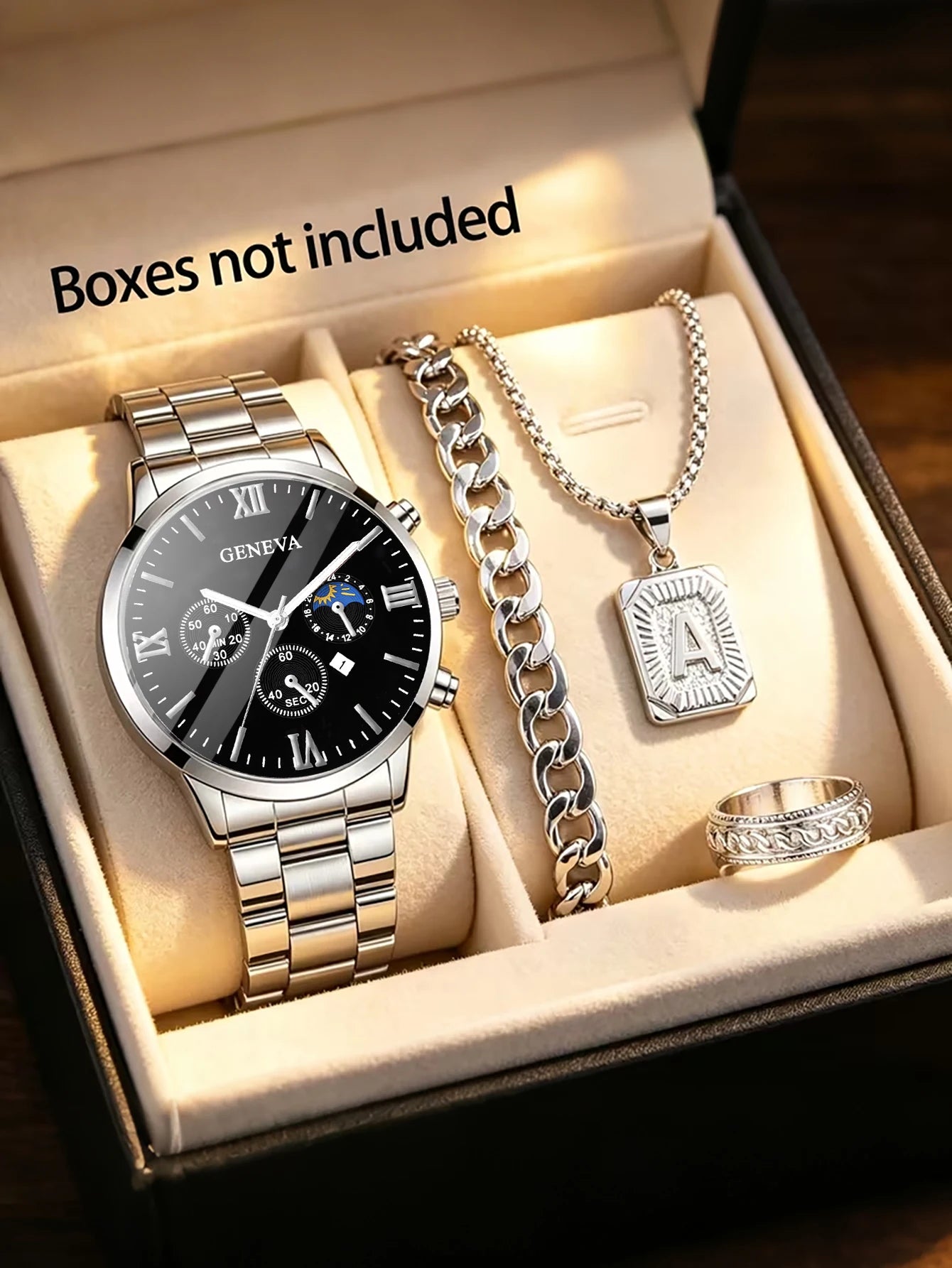 Men's Trendy Quartz Watch Set with Bracelet Necklace Ring Calendar Function Birthday Gift Not including Box