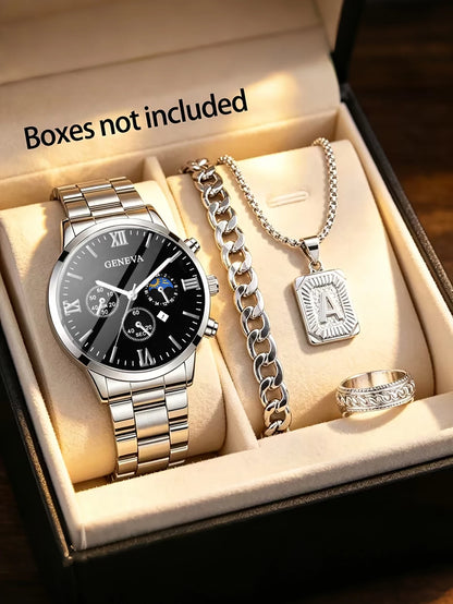 Men's Trendy Quartz Watch Set with Bracelet Necklace Ring Calendar Function Birthday Gift Not including Box