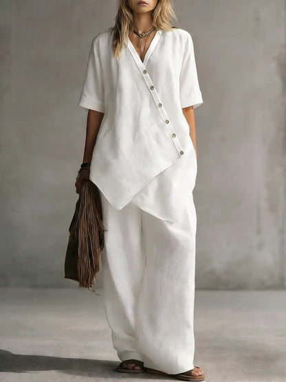 2026 Women's Fashion Casual Solid Color V-Neck Loose Short Sleeve Top and Cardigan with Long Pants Two-Piece Set