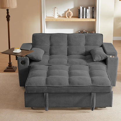 hansones 65'' 3-in-1 Folding Convertible Sofa Bed, Pullout Sofa, Modern Chenille Fabric, 360° Swivel Side Table, Easy Assembly,