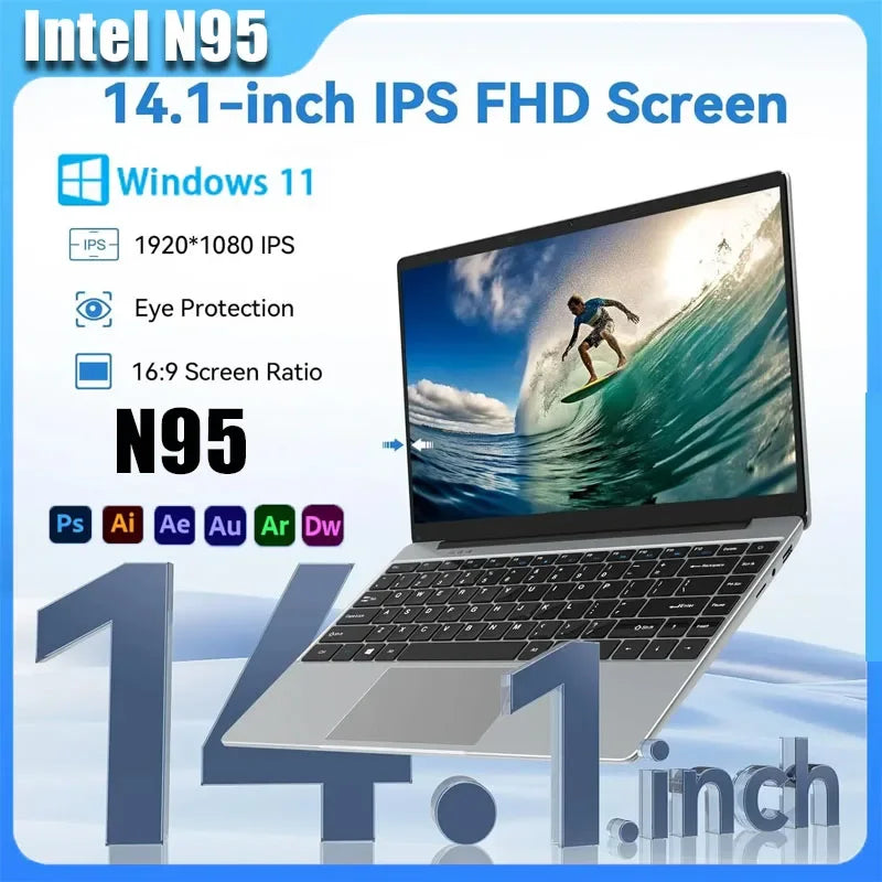 Lightweight Portable 14.1 Inch Student Business Notebook 2026 New Intel N95 Win11 Large Storage Laptop