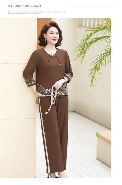 Mature Women New Chinese Style Two Piece Set 3 4 Sleeve Top Wide Leg Pants Elegant Middle Aged Ladies Summer Outfit