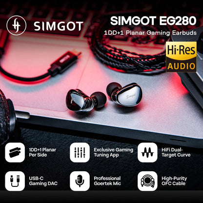SIMGOT EG280 In Ear Monitor 1DD+1 Planar HiFi IEM Wired Gaming Earphone with Detachable 2Pin OFC Cable Optimized for HiFi&Gaming