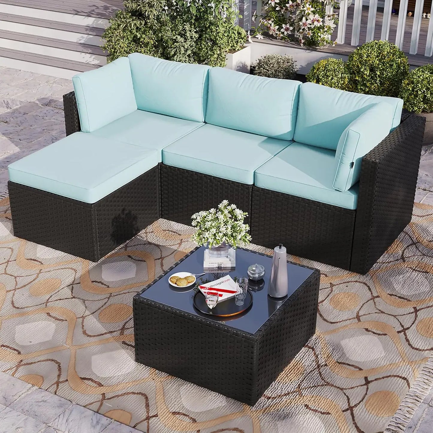 Patio Furniture Set 5-Piece, Outdoor Sectional Sofas with Washable Cushion, Wicker Rattan Patio Conversation Sets, Customized
