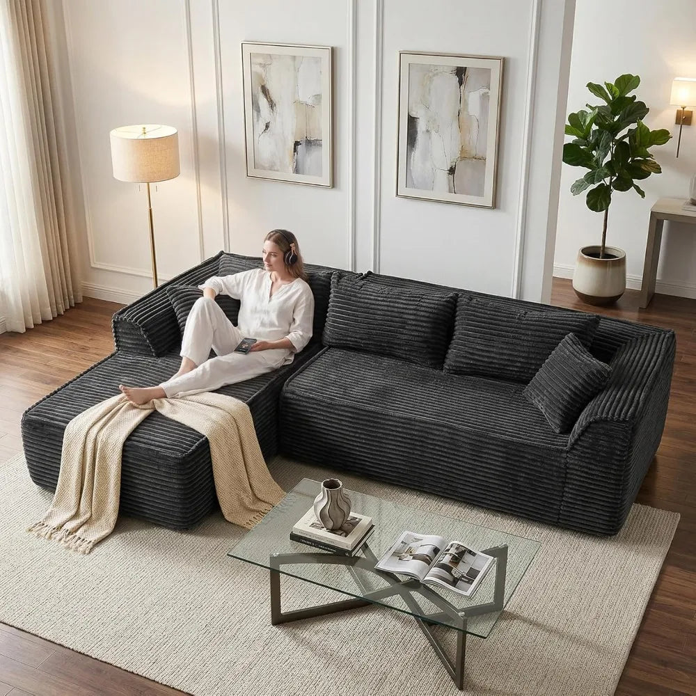 Boneless Couch with Chaise, Deep Seat Comfy Cloud Modular Sofa Corduroy Memory Foam Sectional Couches ,Customized
