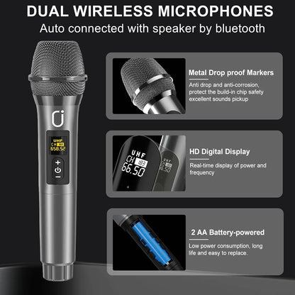 Portable Bluetooth Karaoke Speaker with 6.5-Inch Subwoofer, Two Wireless Microphones, and PA System for Adults, Supports Vocal Remover & REC, Home and Party Singing Machine (Black)
