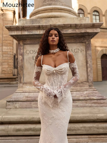 Mouzhetee Mermaid Elegant Pearls Lace Strapless Wedding Dresses Simple Sleeveless Brides Gown Custom Made 2026