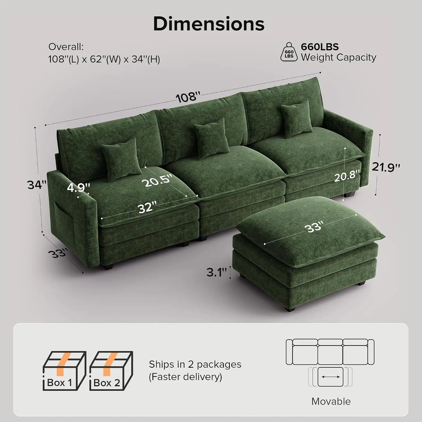 108 Inch Cloud Couch Sectional, Modular Sectional Sofa with Ottoman, Green | L Shaped Sectional Couches for Living, Customized