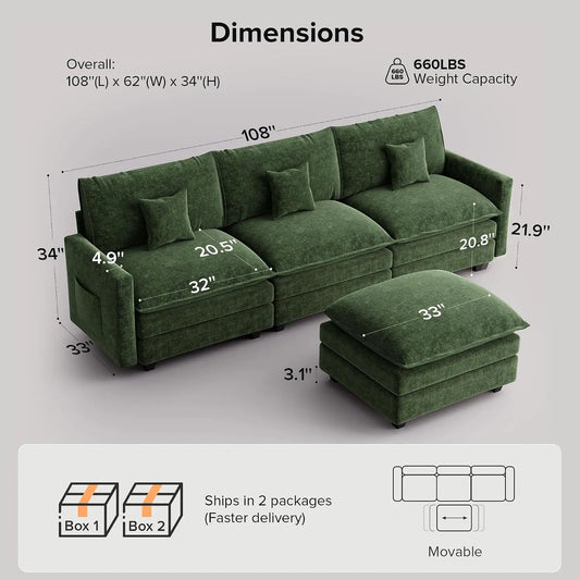 108 Inch Cloud Couch Sectional, Modular Sectional Sofa with Ottoman