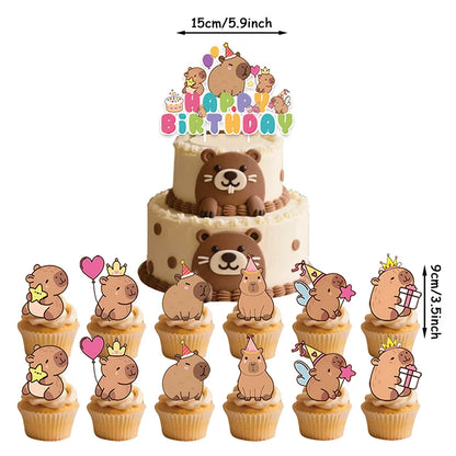 Lovely Cartoon Capybara Cake Topper Paper Birthday Dessert Inset Disposable Kids Birth Baby Shower Cupcake Toppers Party Supply