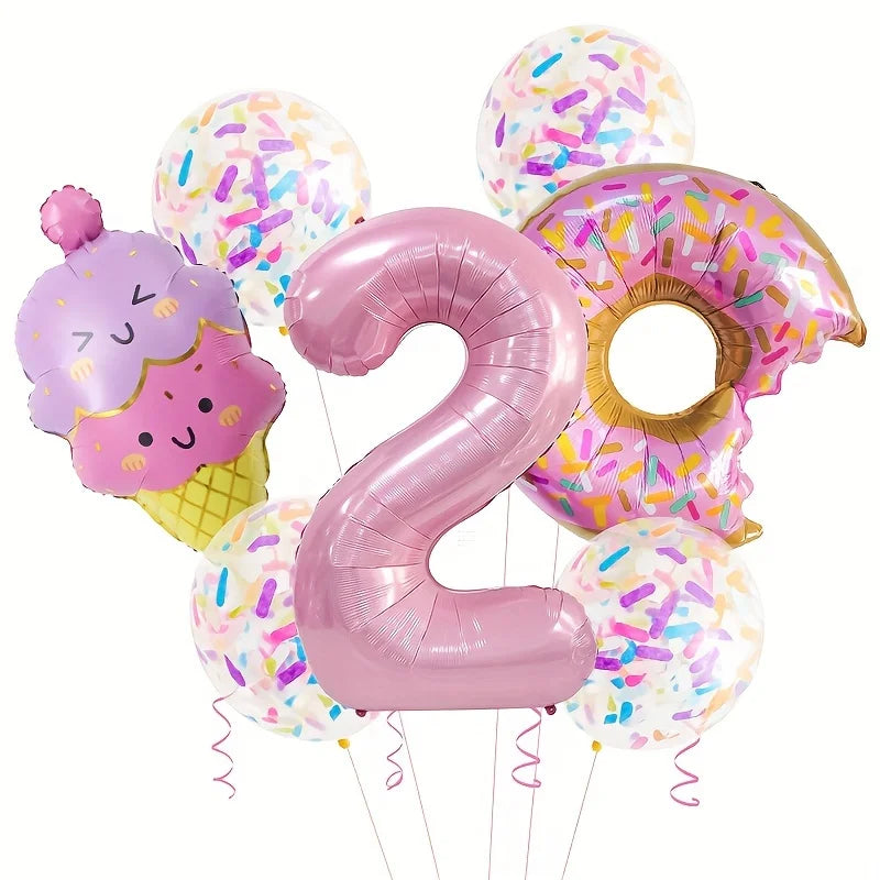7-Piece Set of Cute Pink Donut Candy Foil Balloons 40inch Ice Cream Themed Birthday Party Scene Decoration Photo Props Indoor and Outdoor Decoration Cool Summer Gifts Anniversary Supplies, Halloween Decorations, Christmas Dec