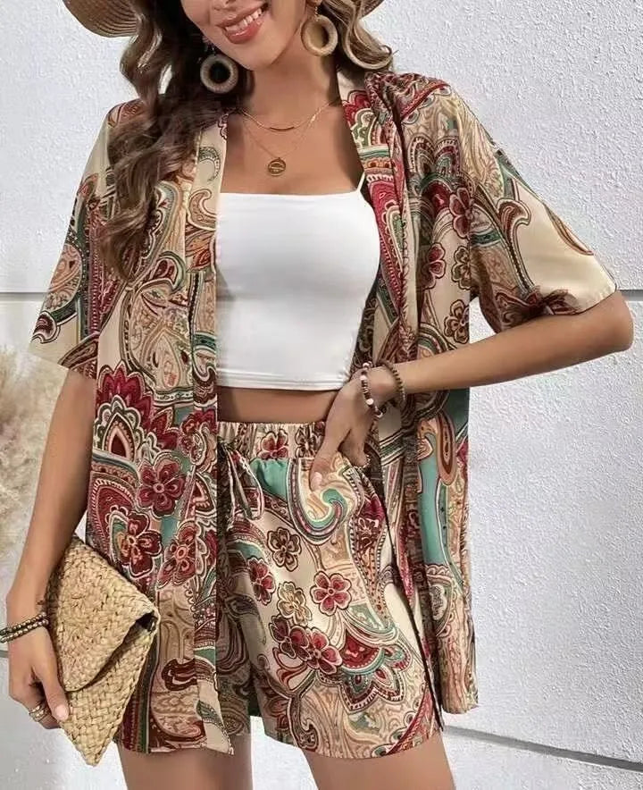 Summer Women's Suit With Shorts Printed Crop Top Short Pants Blue Patterned Set Green Floral Casual Shorts