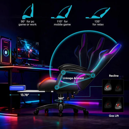 Racing Style RGB LED Gaming Chair with Lumbar Massager and Reclining Features