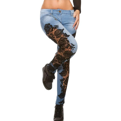 Hollow Out Floral Lace Pants Womens Low Waist Slim Pencil Denim Jeans Women's Lifts Buttock Jeans Ladies Large Size Pants
