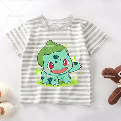 Cartoon Pokemon Stripe T Shirt Cute Pikachu Eevee Bulbasaur Baby Boy Girl Summer Tops Kawaii Toddler Short Sleeve Tee Shirts
