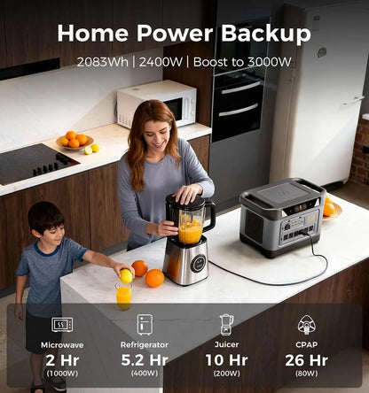 S2400 Portable Power Station(Solar Panel Option), 2083Wh LiFePO4, 2400W (Surge 3000W) UPS, 6 AC Outlets, Solar, Customized