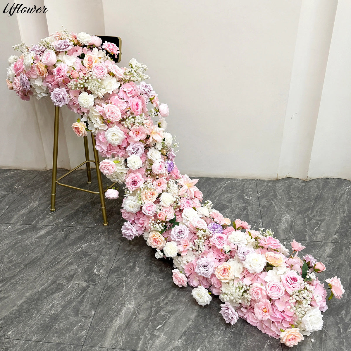 Uflower 2m Luxury Artificial Flowers Wedding Backdrop Table Long Runner Flower Row Floral Backdrop Arrangement Wall Arch Decor