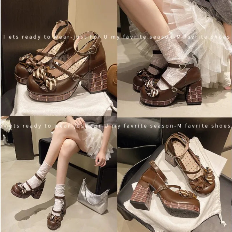 2025 Sweet Girls Lolita High Heels Platform Pumps Bowknots Ankle Strap  Janes Shoes for Women Spring Autumn Heels