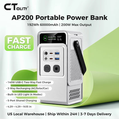 CTOLITY 200W Portable Power Station 192Wh Power Generator LED Light Emergency Solar Power Bank for Outdoor Camping Travel
