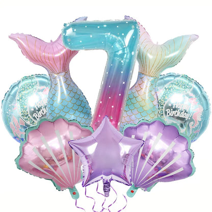 8pcs Mermaid Balloons set Shell Mermaid Foil Balloons 32inch Number Balloon 1-9 for Kids Girls 1-9th Birthday Party Decoration