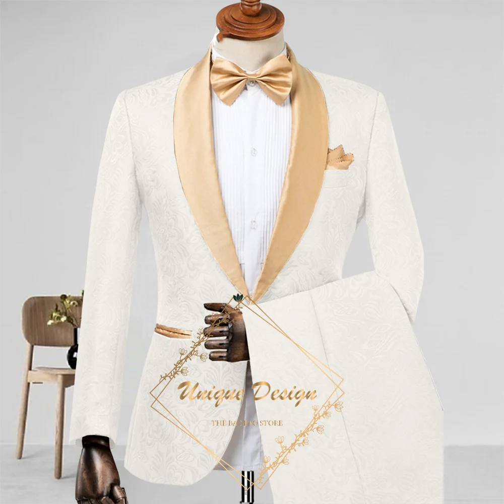 Champagne Men's Suit 2-Piece Set Satin Shawl Lapel Jacquard Jacket Pants Elegant Set for Wedding Groom Summer Party Dating Prom
