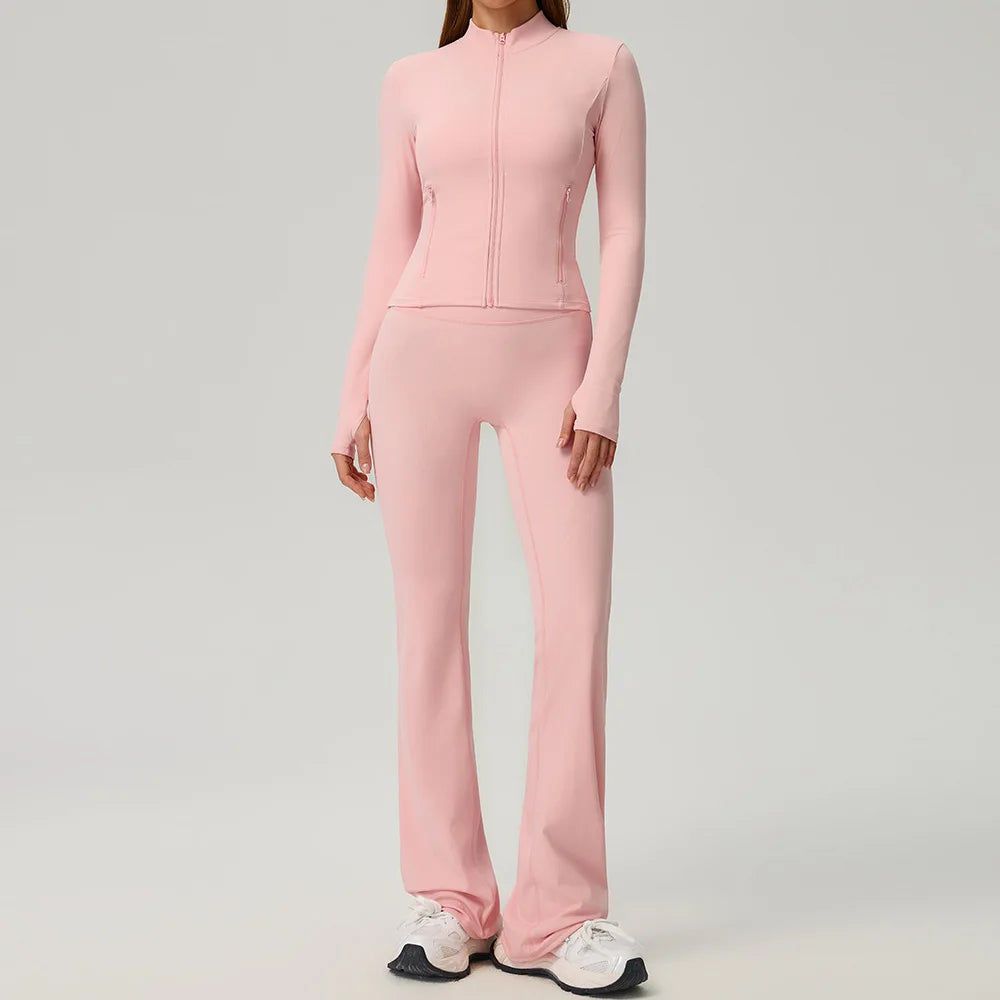 Fitness Suit 2PCS Women Tracksuit Sports Zipper Long Sleeve Yoga Set Gym Clothes Flared Pants Sportswear Female Workout Clothes