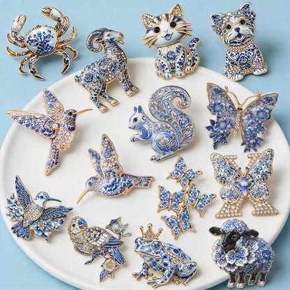Wuli&baby Blue-and -White Porcelain Collection Animal Brooches For Women Unisex Goat Cat Butterfly Birds Party Office Brooch Pin
