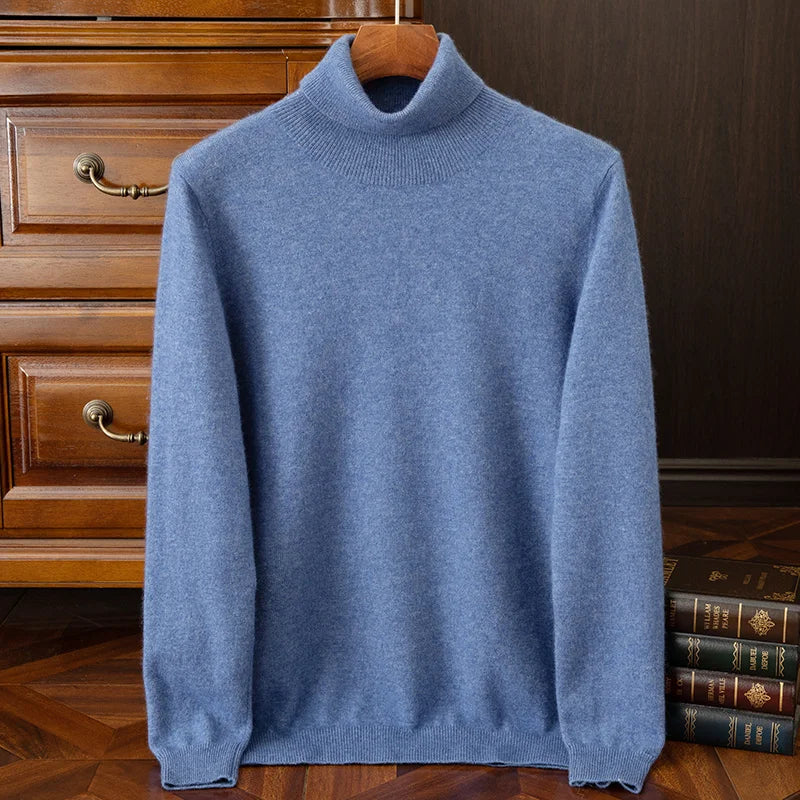 100% cashmere men's pullover business casual solid knitted sweater loose Pull Turtleneck Tops basic Turn down collar Jumper