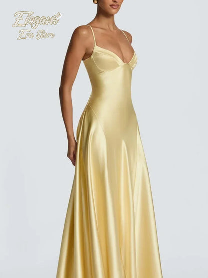 Solid Color Satin Bustier Women Maxi Dress Fashion Yellow Spaghetti Strap V Neck Waist-cinching Dresses 2026 New Party Vestidos