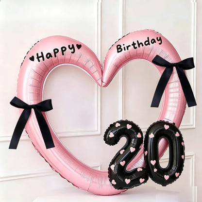 7Pcs 16inch Black Number Hollow-Out Heart Balloons and Heart Stickers Set, Includes 2 Number Balloons, 2 Stickers, 1 Glue Stick, 2 25cm Ribbons, for Birthday Parties, Wedding Anniversary Celebrations, Holiday Decorations
