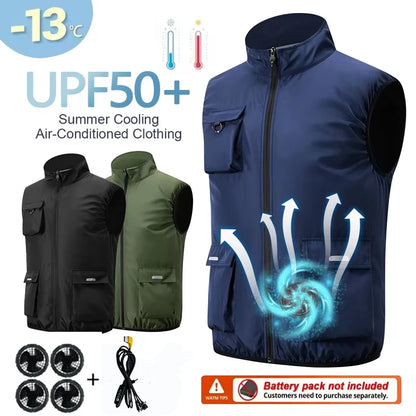 Summer Cooling 2-4 Fan Holes Fan Workwear, Unisex Short Sleeve, Outdoor Sun Protection & Cooling Vest with Built-in Fans