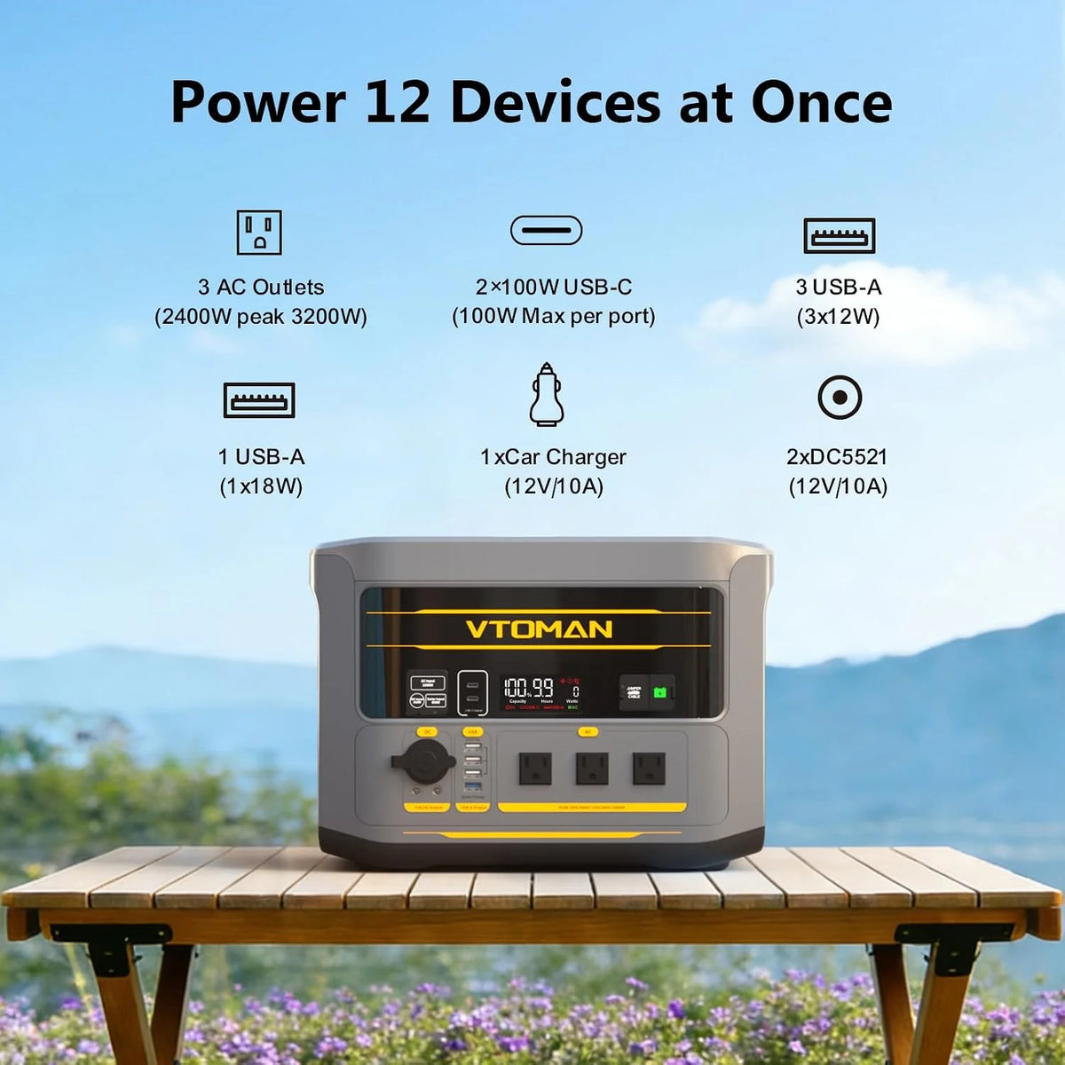 VTOMAN FlashSpeed 2400 Portable Power Station, 1408Wh LiFePO4 Battery, 2400W (Peak 3200W), 58-Min Fast Charge, UPS Solar Generator for Home Backup, Camping, RV, Off-Grid Living & Emergency Power