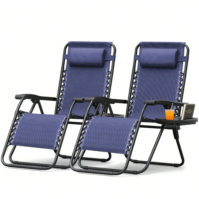 Zero Gravity Chair Patio Folding Lawn Outdoor Lounge Gravity Camp Reclining Lounge Chair With Cup Holder Pillows For Poolside Backyard And Beach Set Of 2 (Blue)