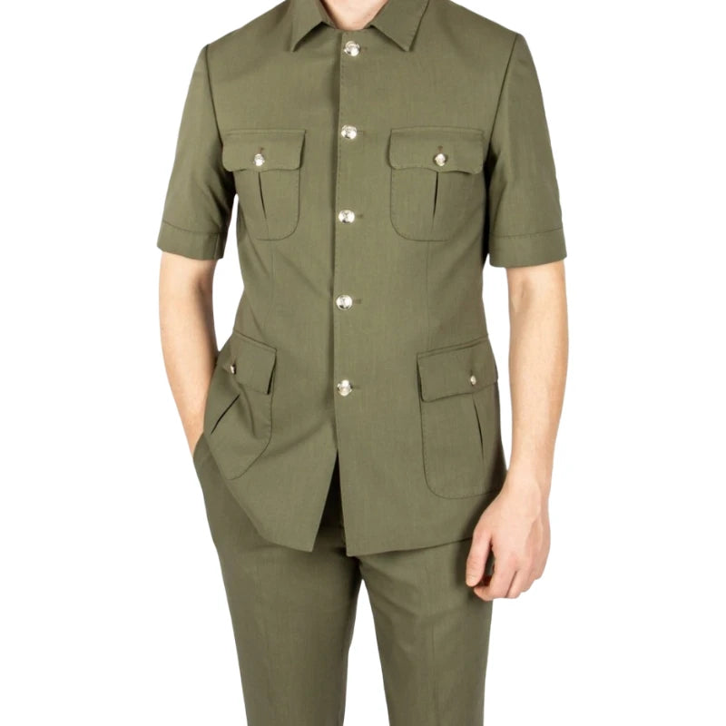 Safari Men Suits with Short Sleeves for Prom Party 2 Pieces Chinese Fashion Style Outdoors Costumes Suit Set Custom Made