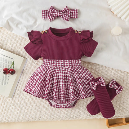 Baby Girl Bodysuit Dresses Short Sleeve Heart Shape Bow Romper Infants Onesies With Socks Headband 3pcs Sets For Newborn Girls