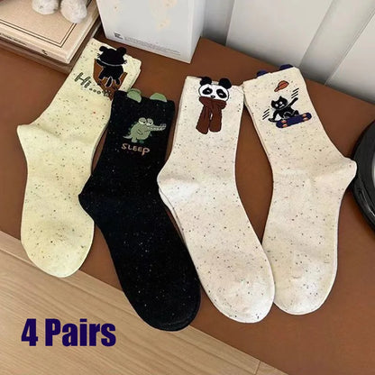 4 Pairs Women's Cartoon Dog Socks Korean Foldable Two-Wear Sweatproof Cotton Oxford Mid-Calf Socks for Fall and Spring