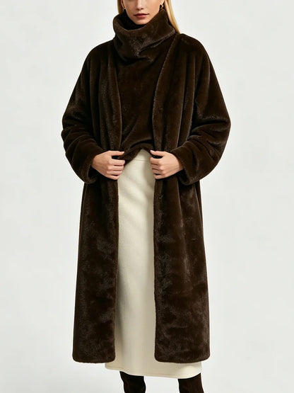 Women Open Front Faux Fur Long Coat Loose  Sleeve Plush Warm Winter Elegant Streetwear Ladies  Outerwear Jacket
