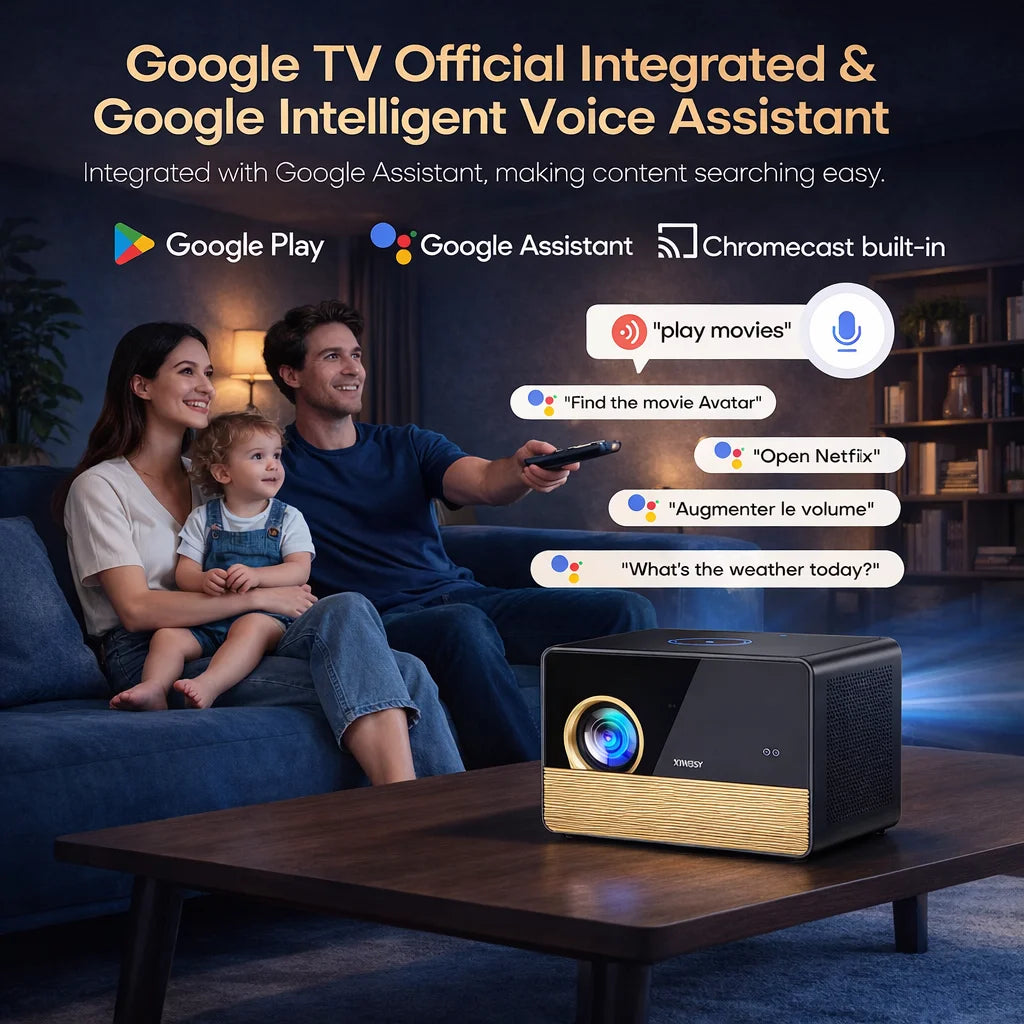 XIWBSY X06 Google TV Projector with TV Stick 3600 ANSI Native 1080P 4K Supported TOF Auto Focus WiFi6 BT5.4 Home Theater