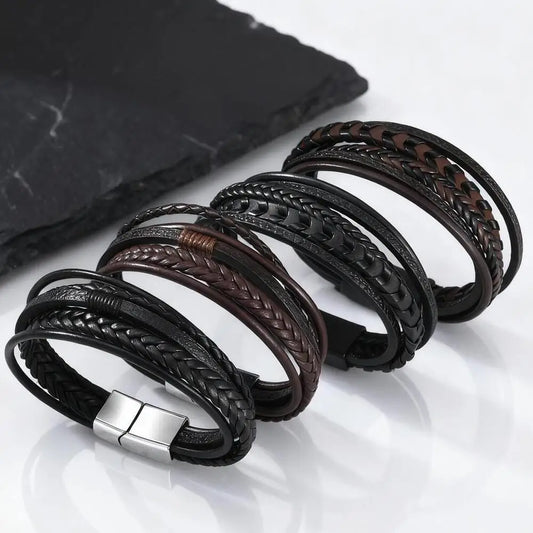 Multi Layer Braided Rope Bracelets for Men,Classic Handmade PU Leather Wristband with Magnetic Buckle,Trendy Punk Jewelry Gift